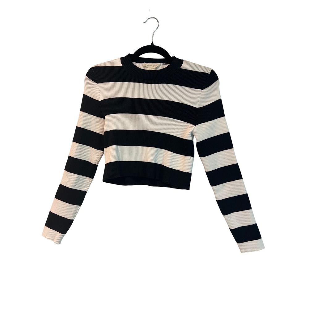 Happily Grey‎ Cropped Sweater Black White Stripe Ribbed Mock Neck Juniors Large